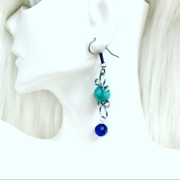 Blue Beaded Handmade Earrings - Picture 2 of 3